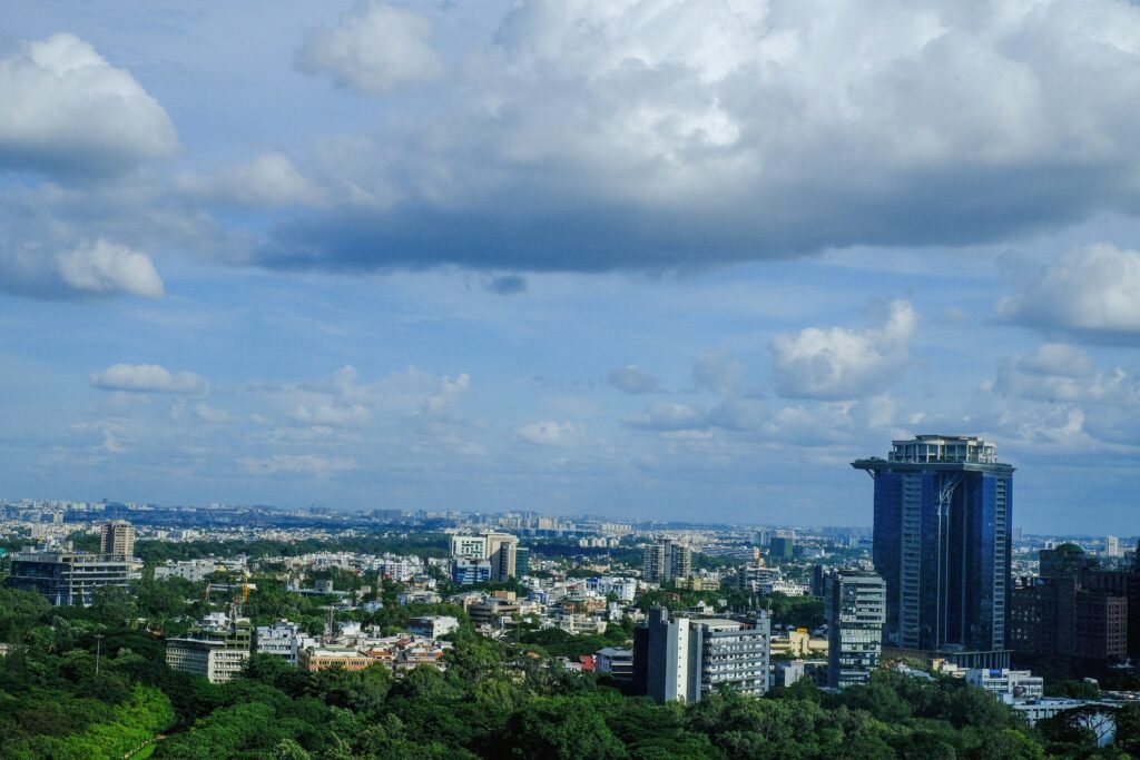City skyline under cloudy sky